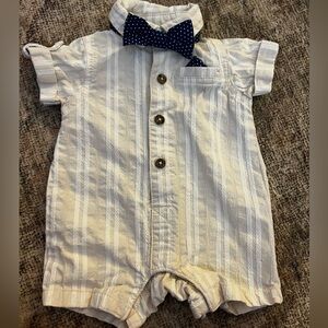 Little Lad Cream Striped Baby Romper with Blue Bow Tie 0-3 Months